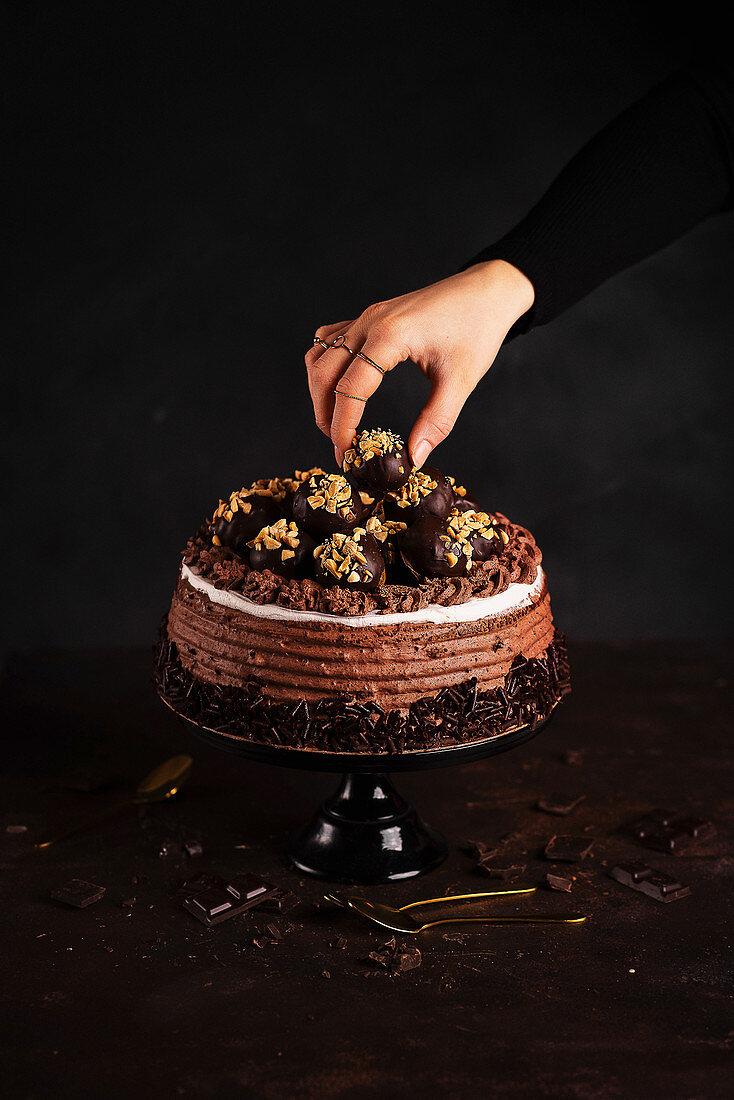 Chocolate cake with chocolate pralines