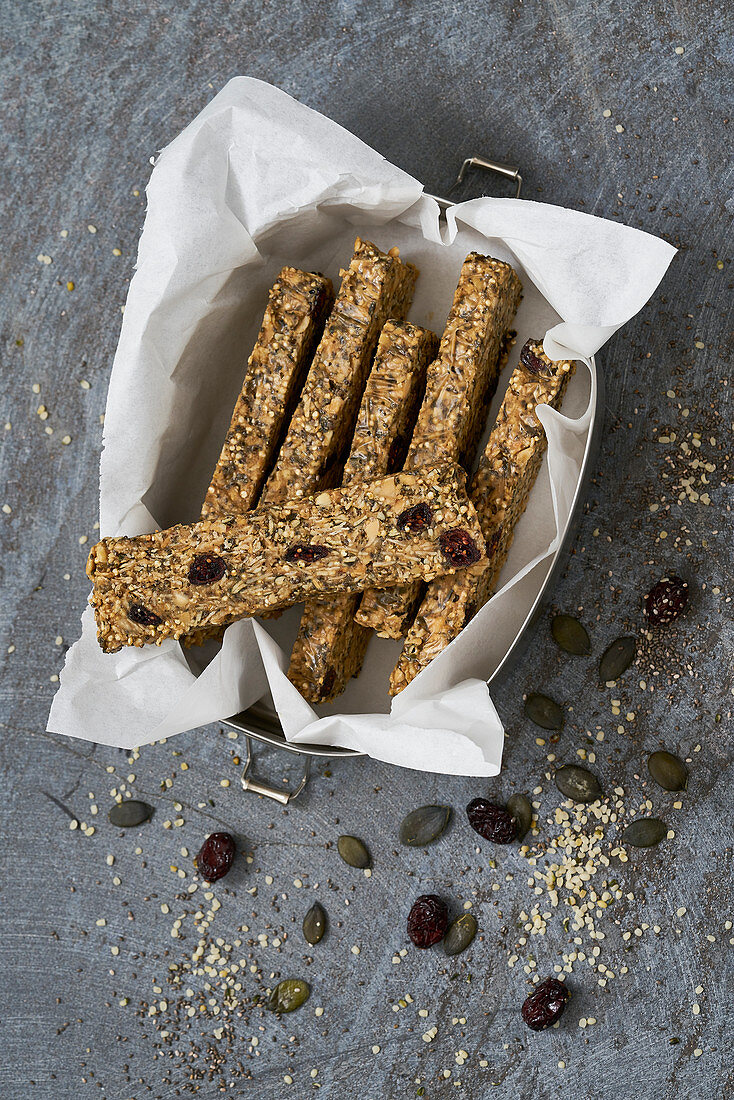Protein bars made from quinoa, hemp seeds, cranberries and chia seeds