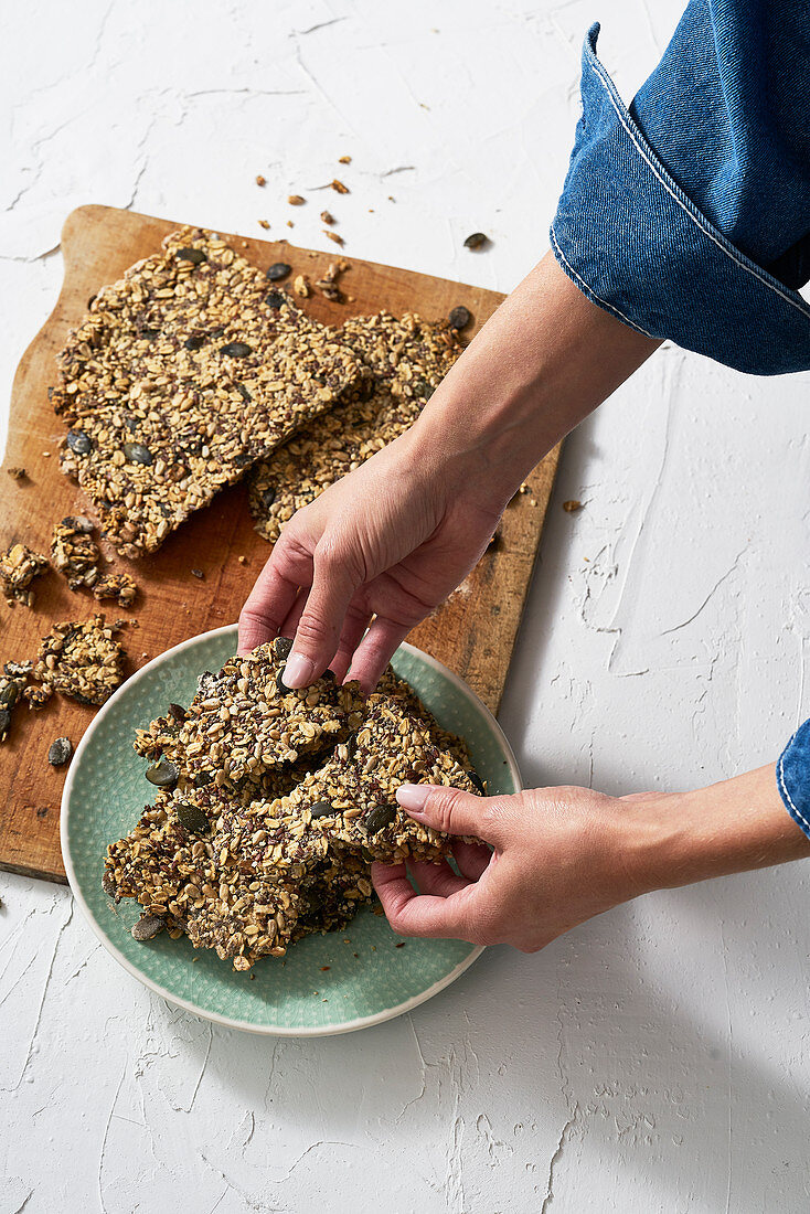 Seeded crackers made from oats, chia seeds, pumpkin seeds and hemp seeds