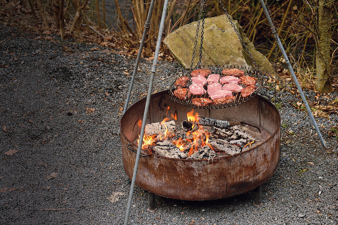 Food on a hanging grill