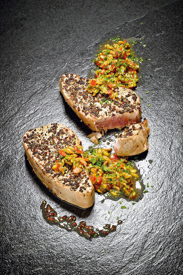 Grilled tuna steak with a mint and freekeh salad