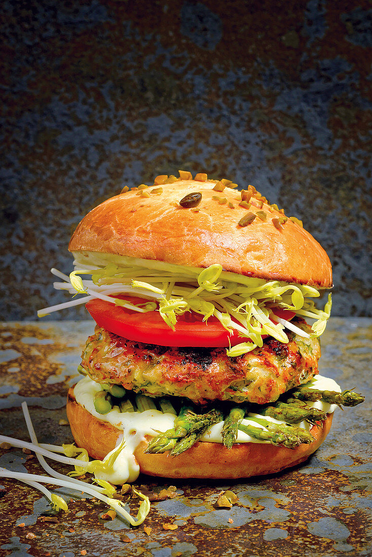 Shrimp burger with asparagus, sprouts and wasabi mayonnaise