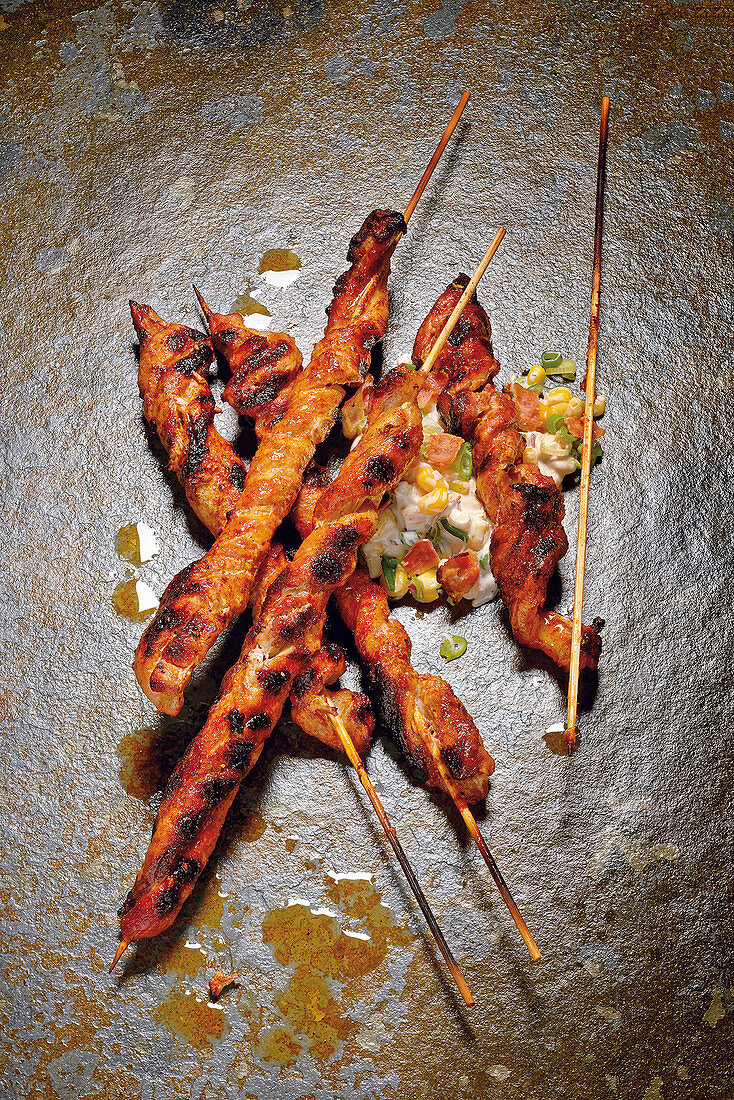 Grilled skewers with bacon and corn dip