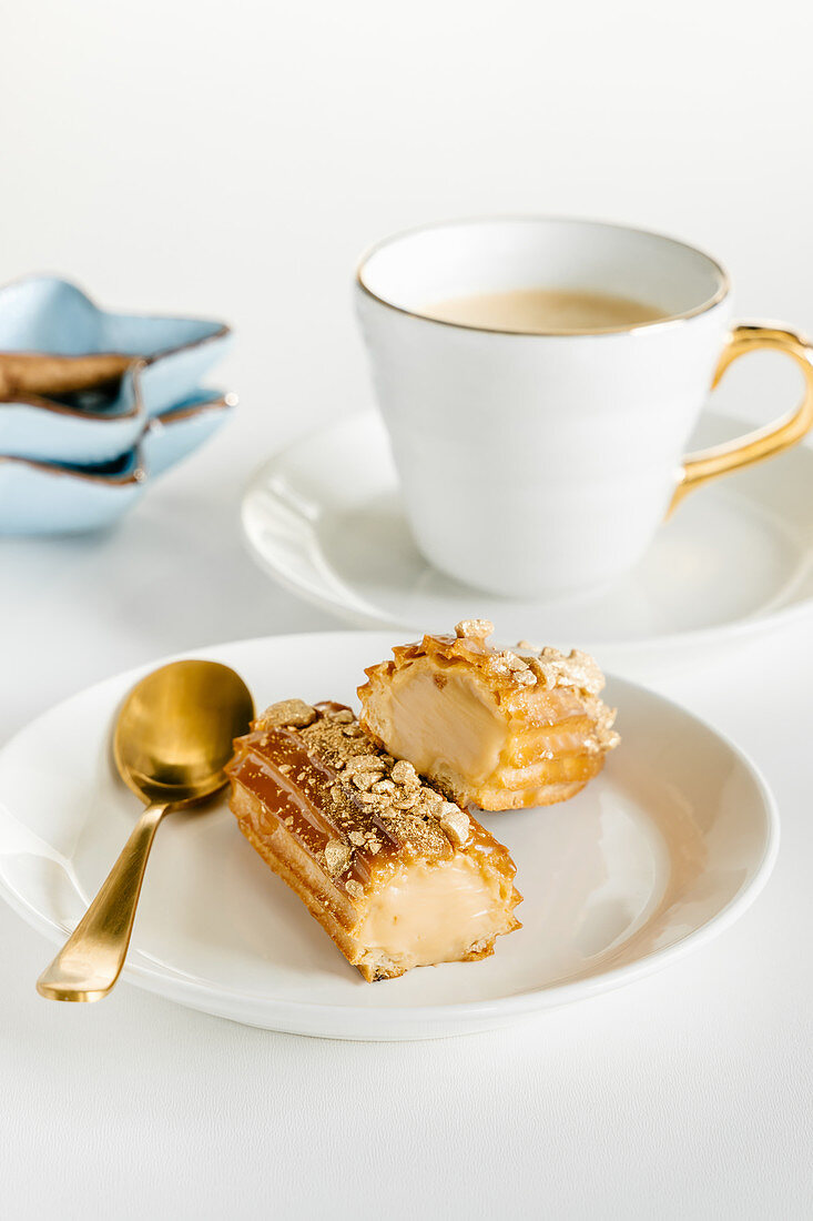 Salted caramel french eclair and coffee