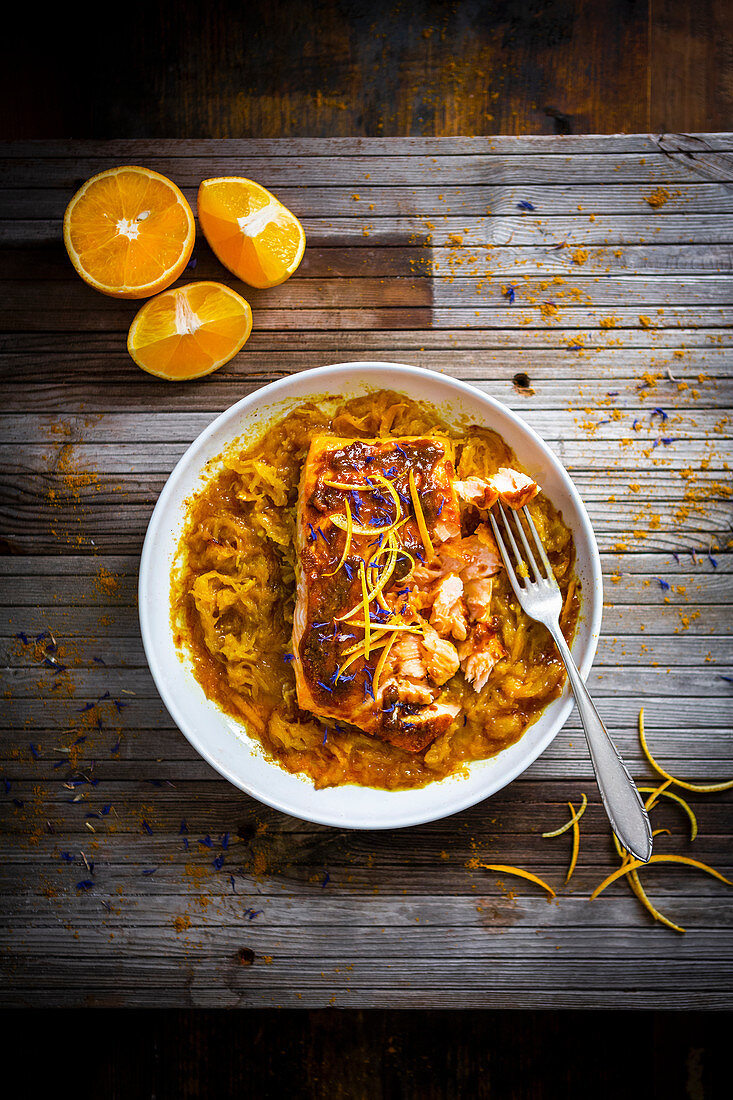 Salmon in an orange and spaghetti squash curry