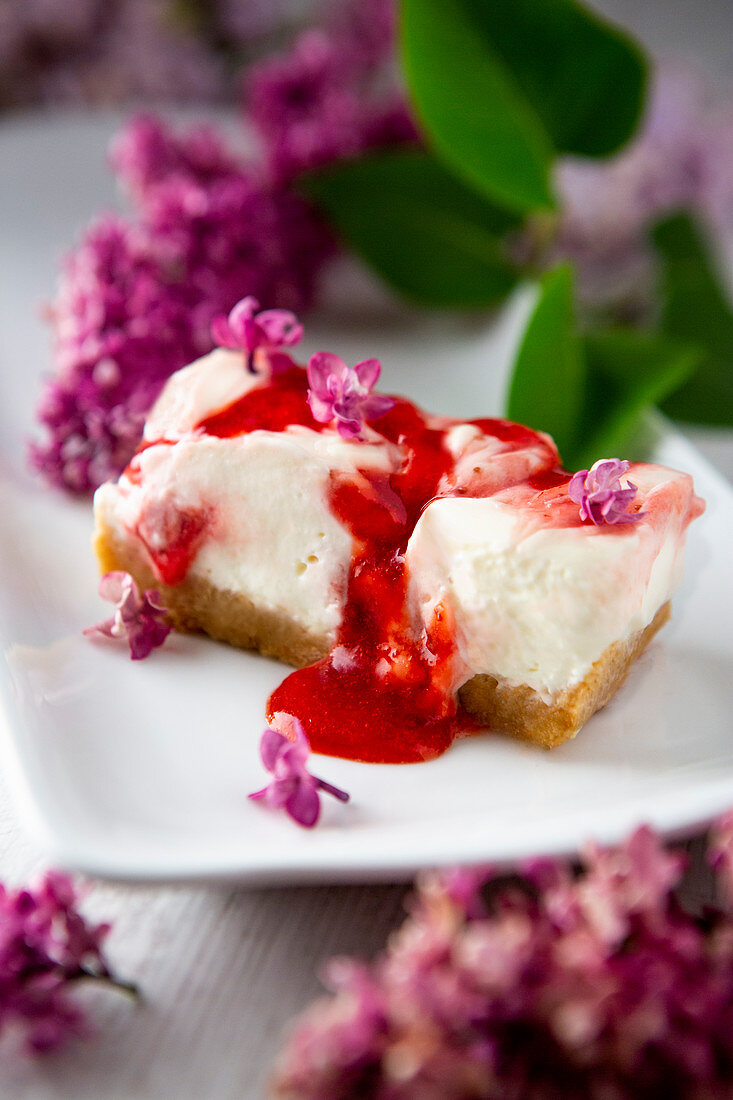 Sour cream dessert with strawberry sauce