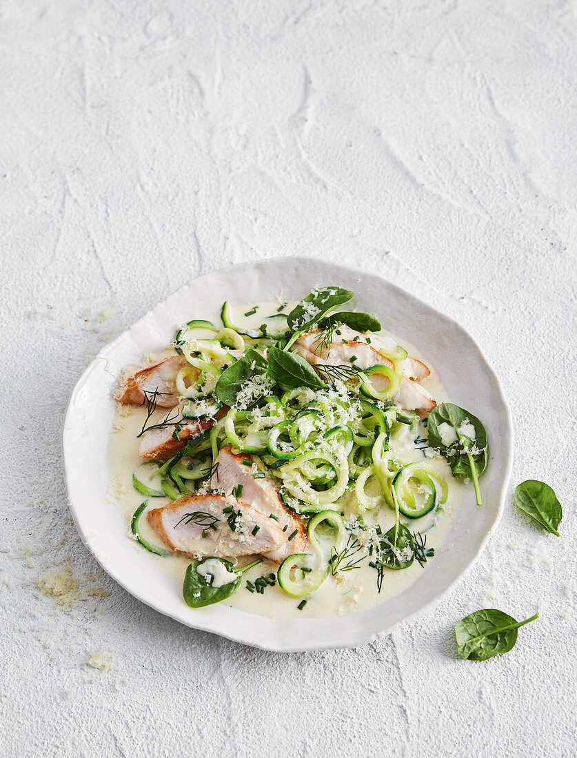 Healthier chicken breast and zucchini linguine