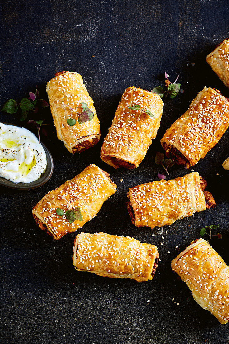 Sweet potato and sausage rolls with feta