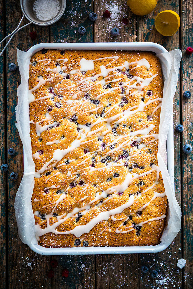 Blueberry tray bake cake with lemon glaze