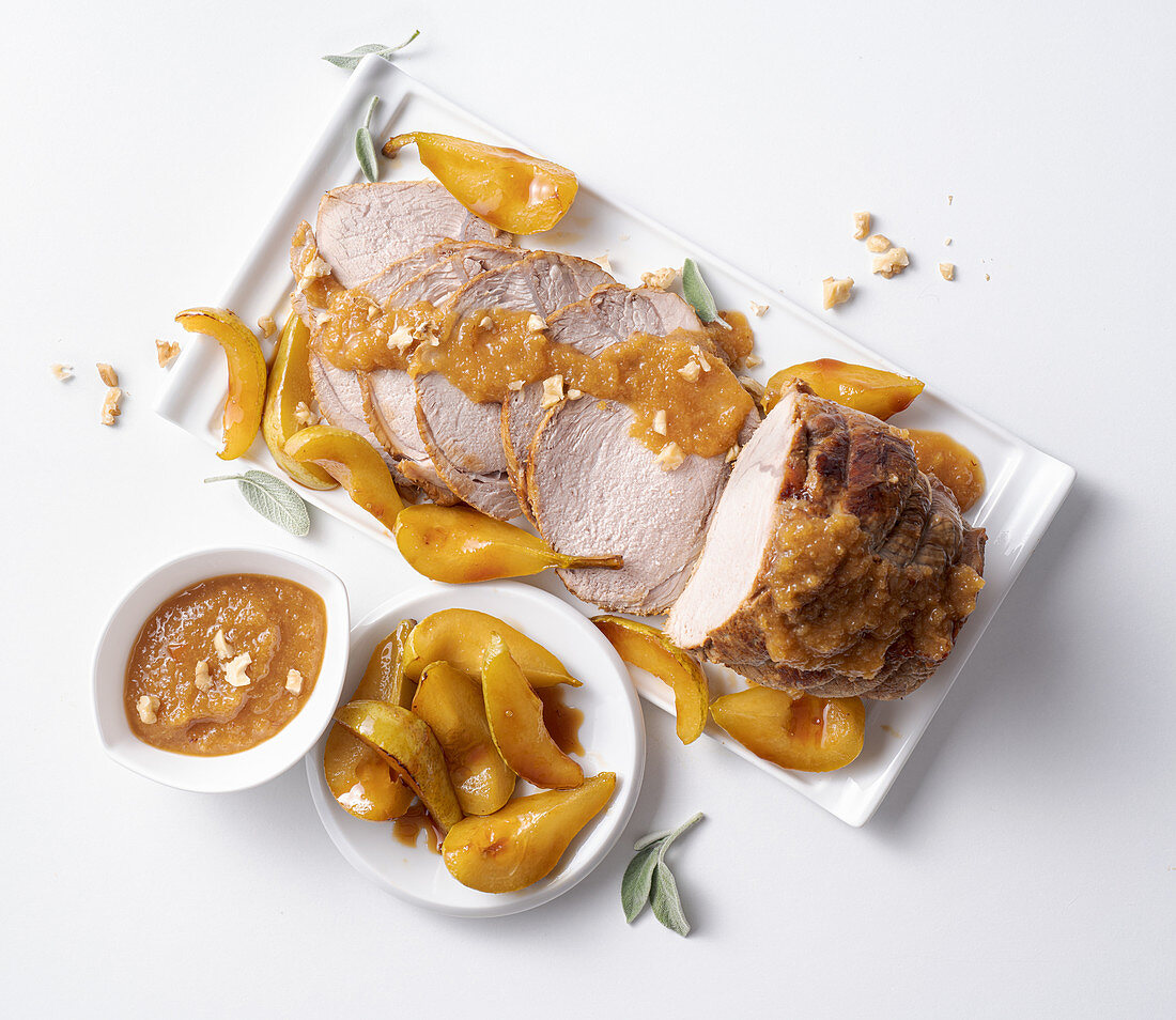 Roast veal with walnuts and vanilla pears