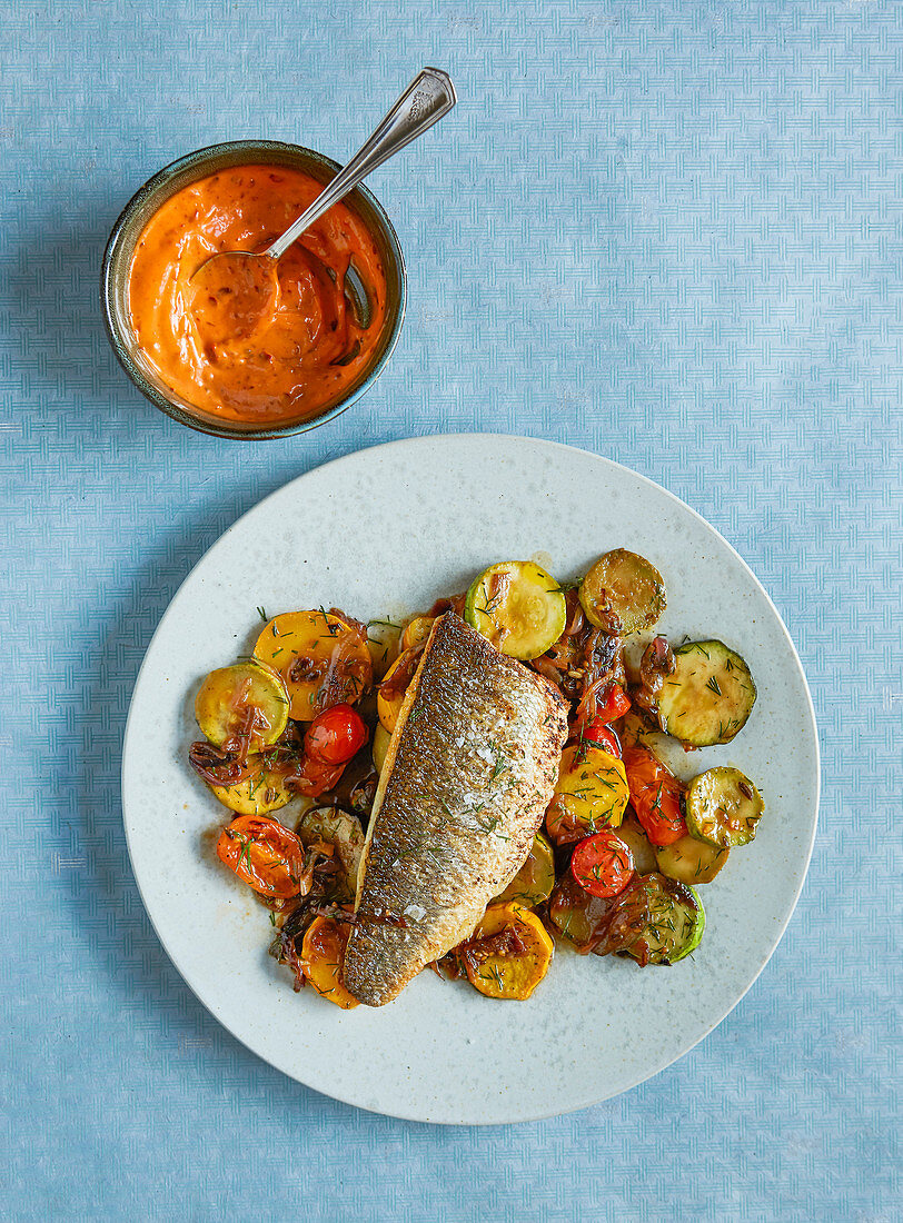 Sea bass with braised courgettes and harissa mayo