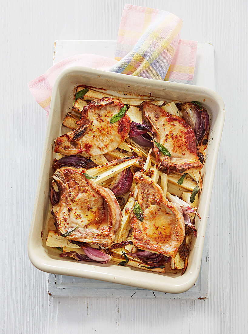 Pork and parsnip traybake