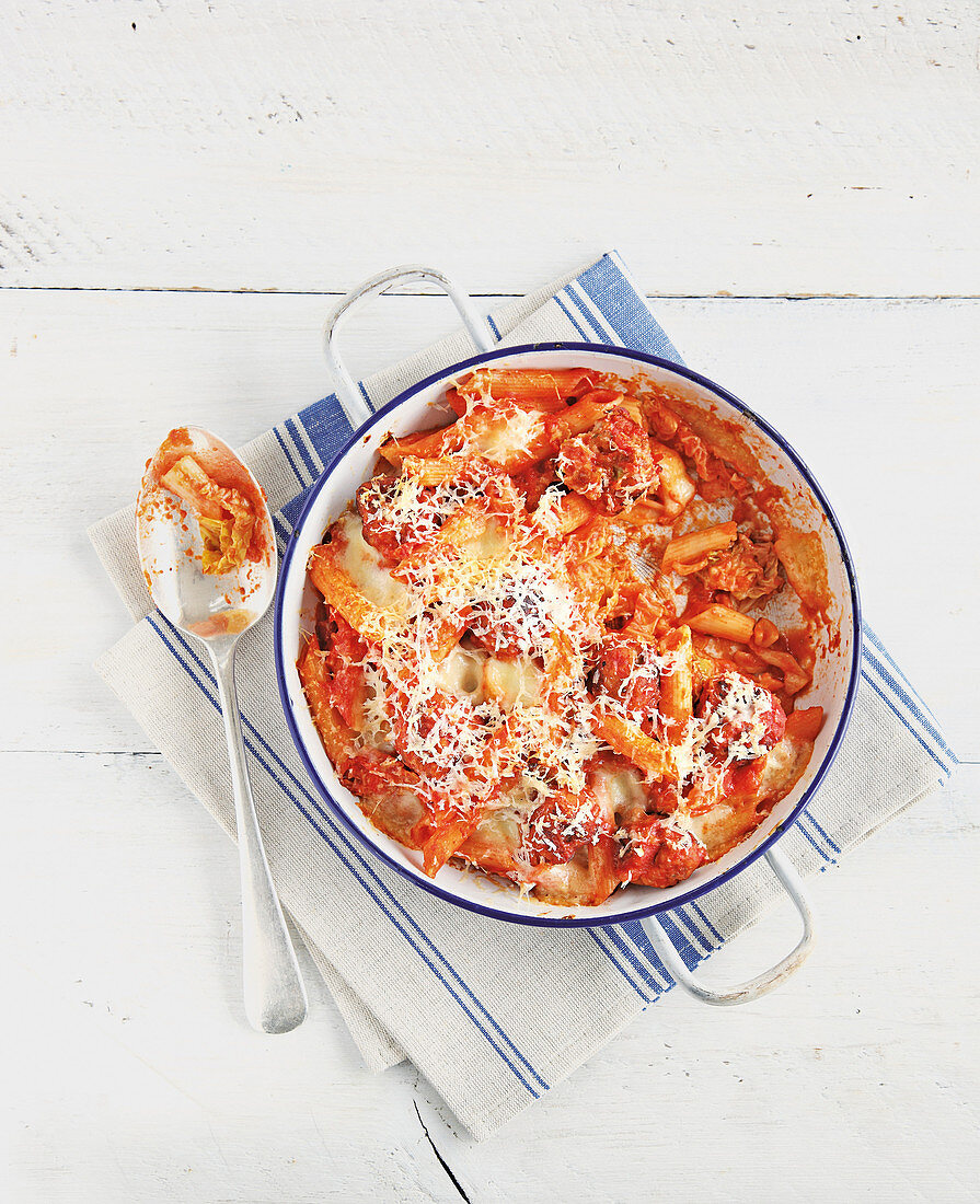 Sausage ball pasta bake