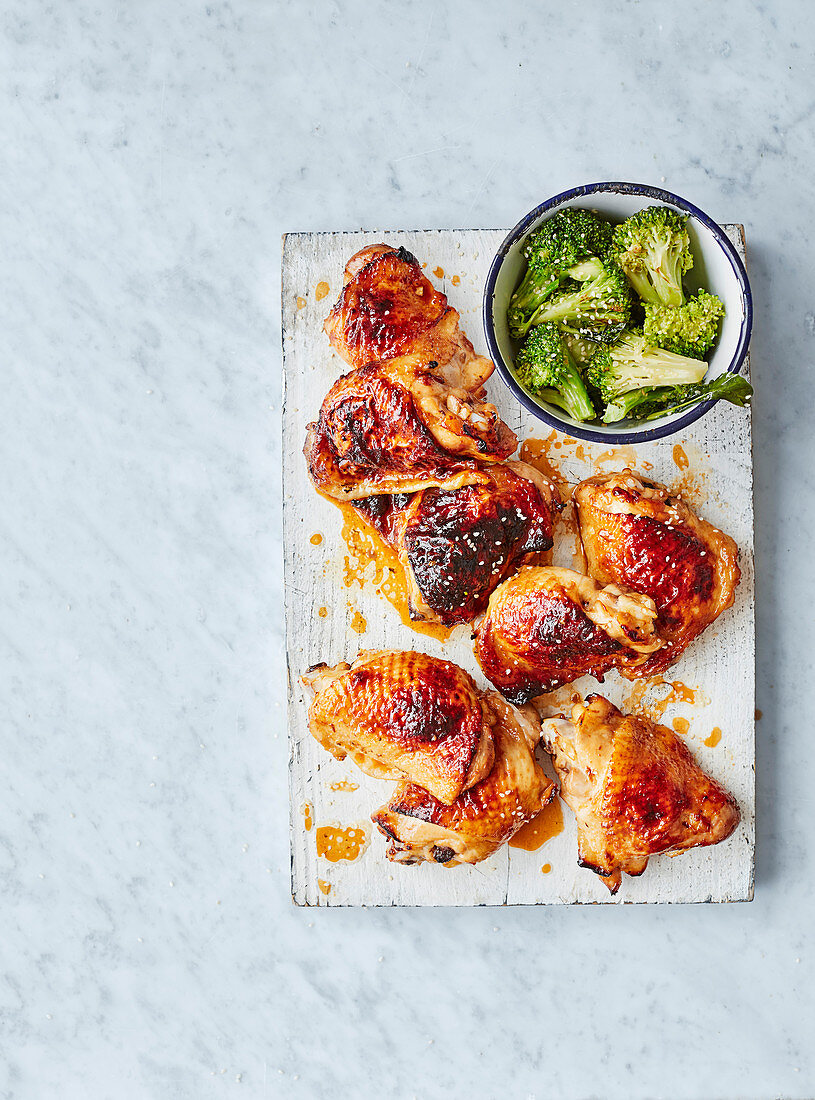 Honey and soy chicken thighs with sesame broccoli