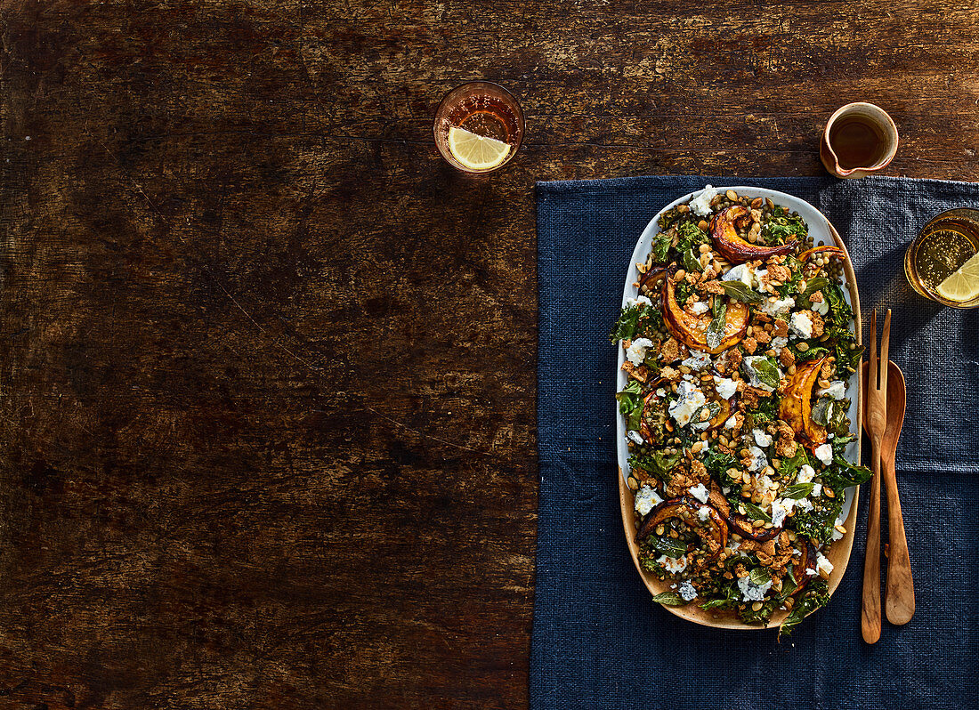 Roast squash with goat's cheese and Puy lentils