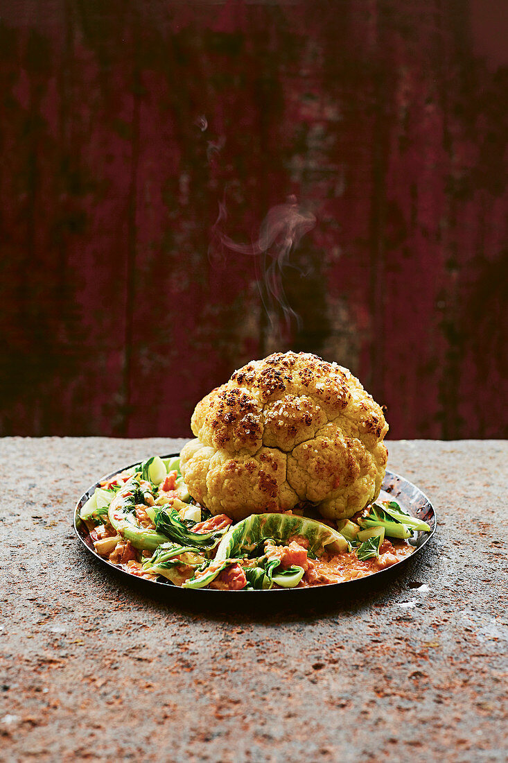 Whole roasted cauliflower with anchovy sauce