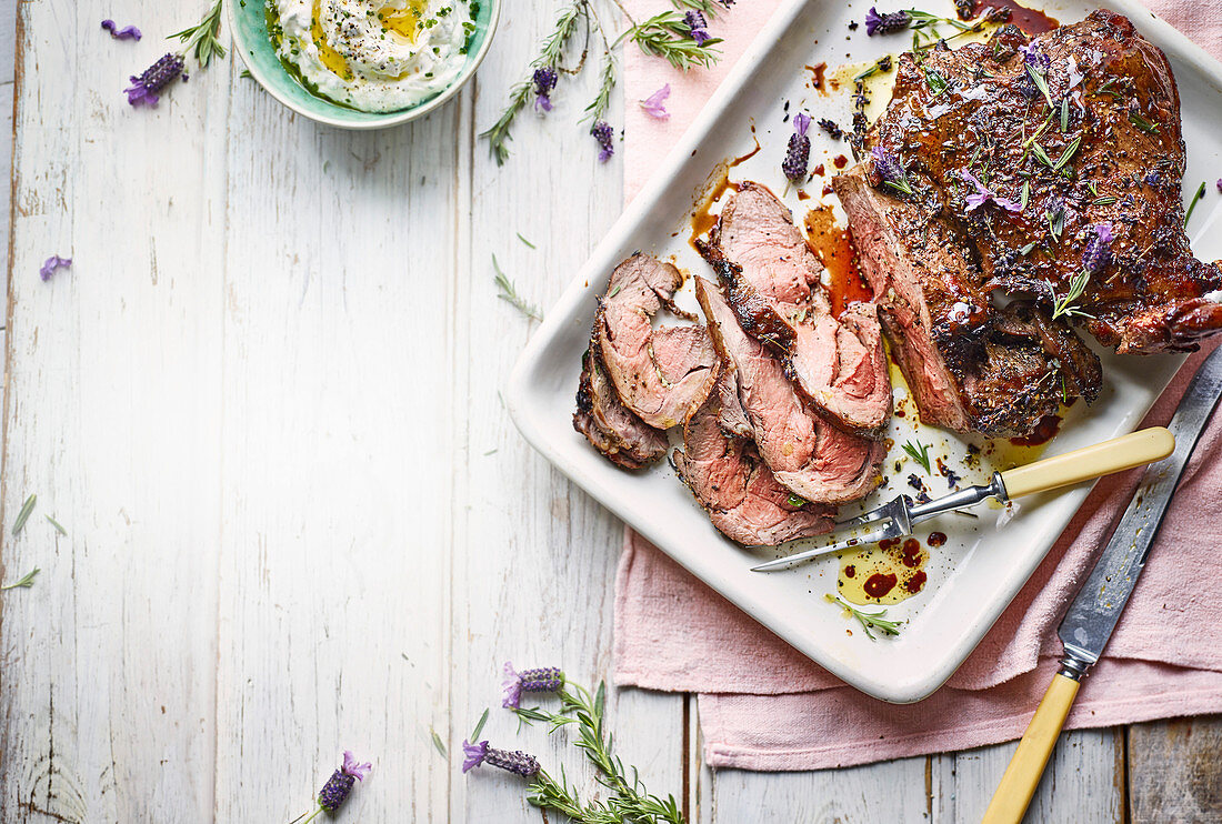 Butterflied leg of lamb with lavender, honey and claqueret