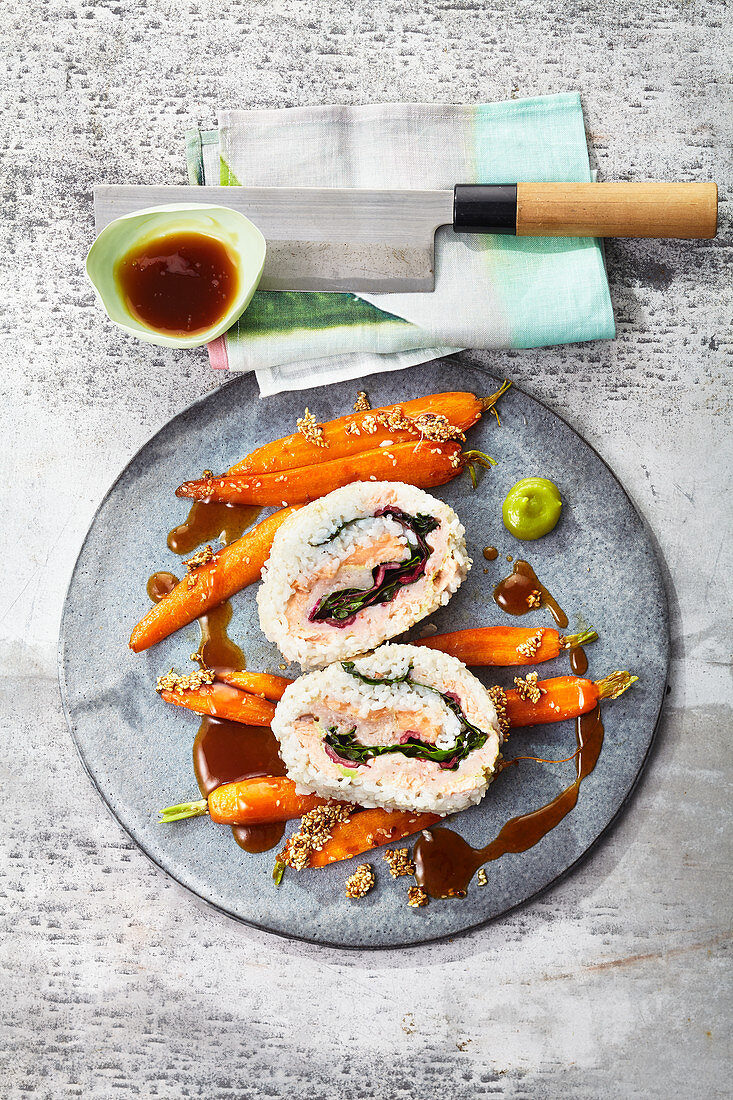 Sushi-style salmon and prawn rolls