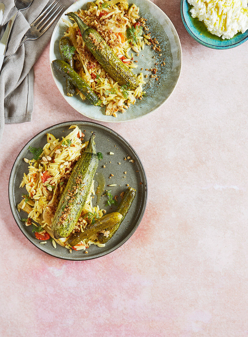 Slow-roasted courgettes with fennel and orzo