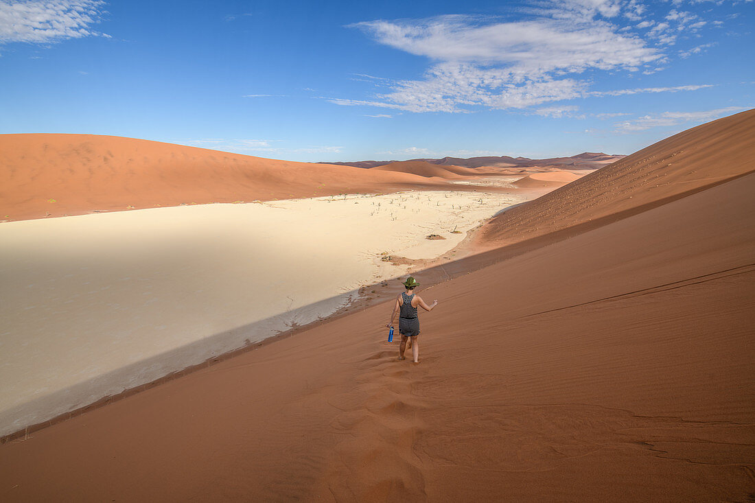 Hiker on sand dune, Namibia