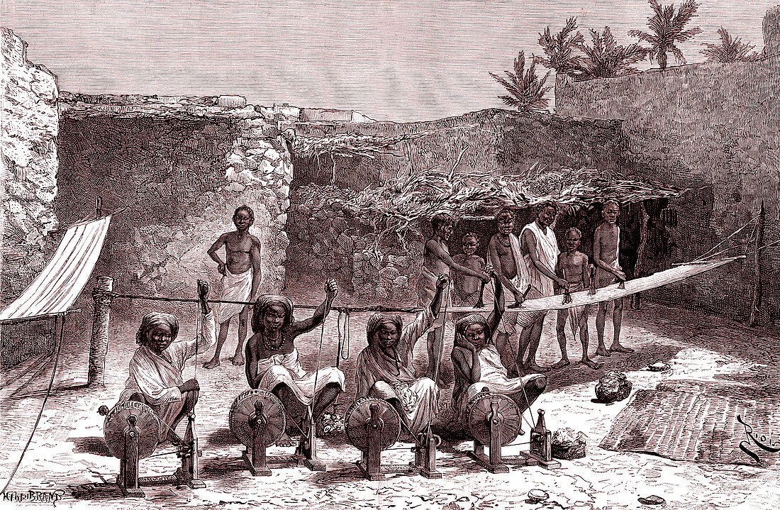 Cotton spinning in Somalia, 19th Century illustration