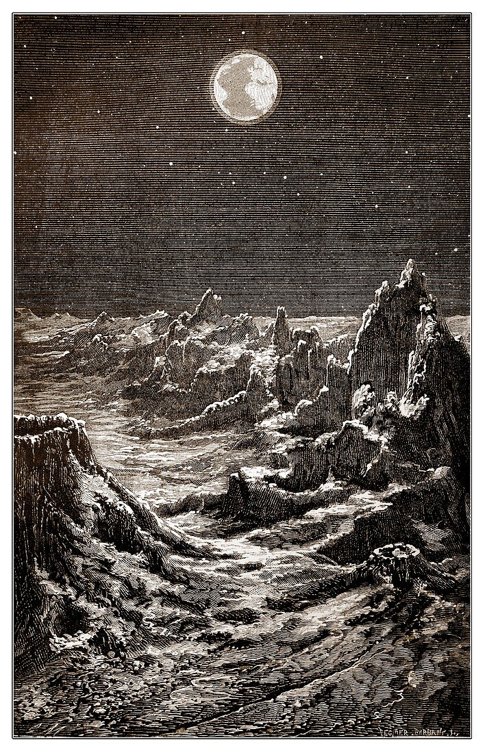 Earth over the Moon's horizon, 19th century illustration