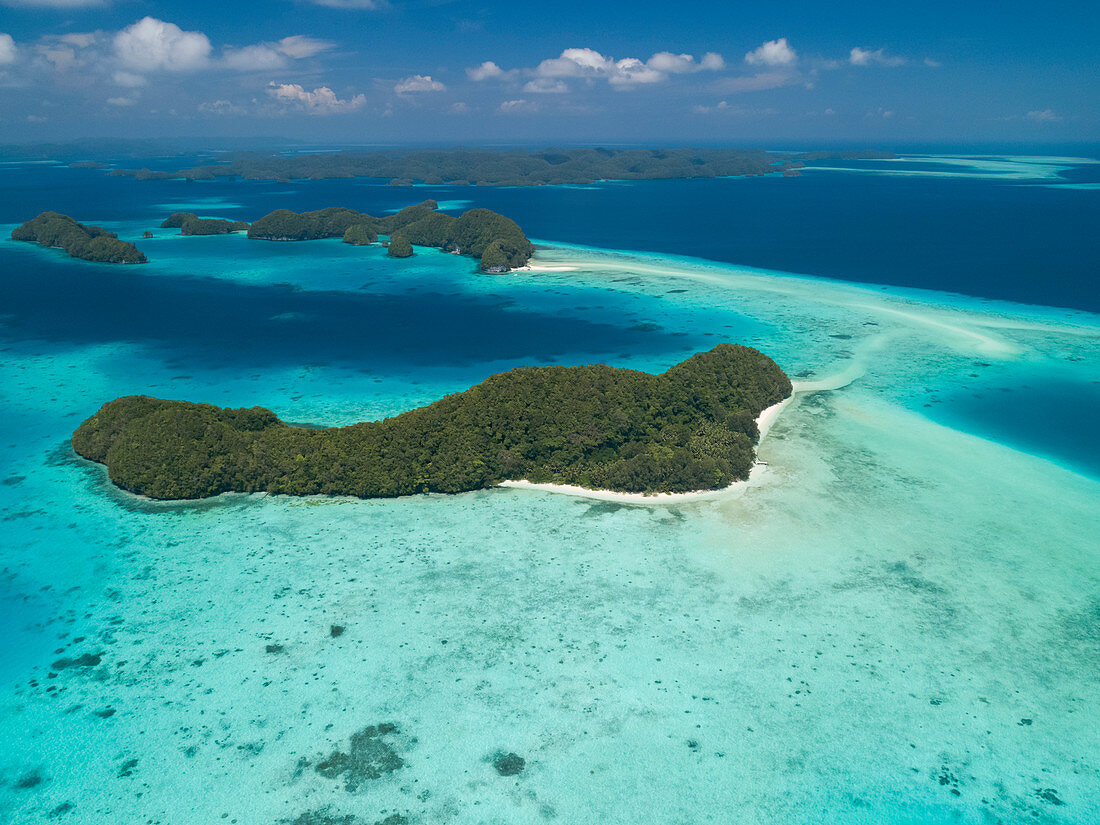 Aerial shot of Palauan rock islands in southern lagoon