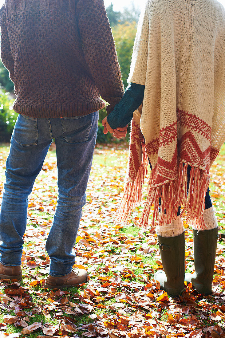 Couple holding hands in autumn leaves