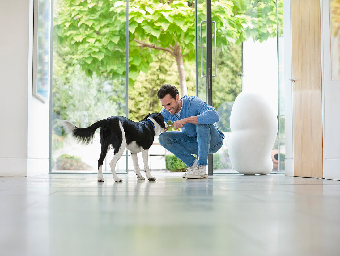 Smiling man petting dog in kitchen