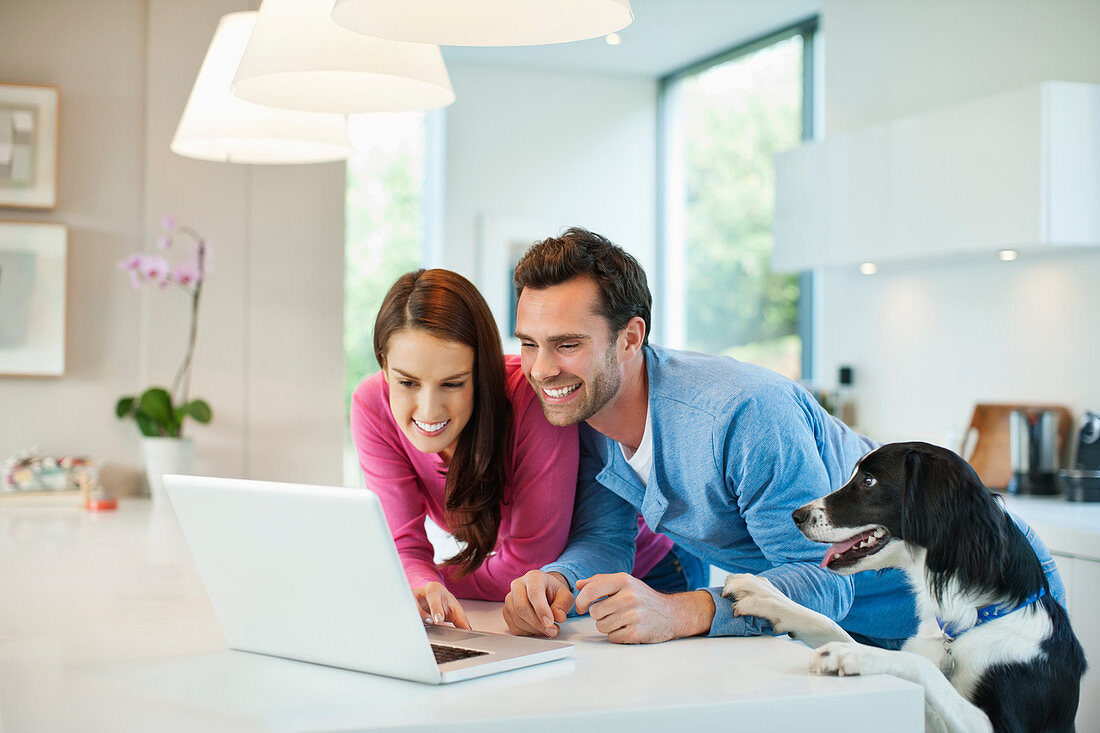 Couple using laptop with dog at table