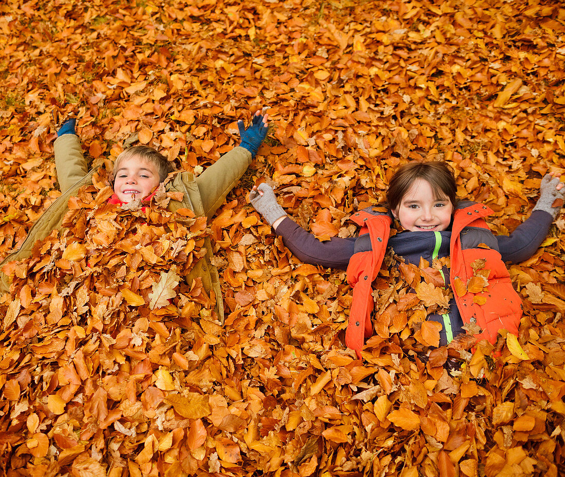 Children laying in autumn leaves