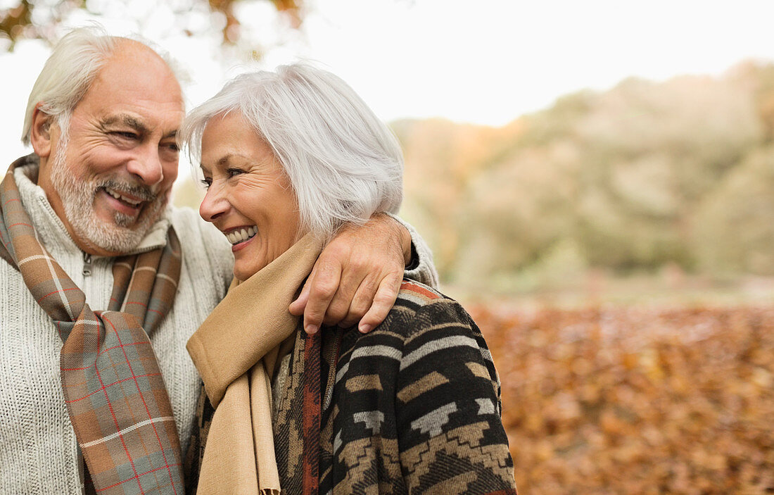 Older couple smiling together in park