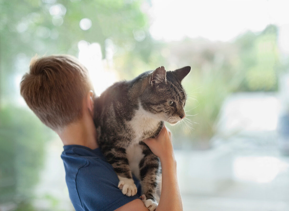 Boy holding cat indoors