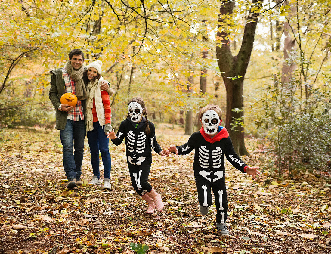 Children in skeleton costumes