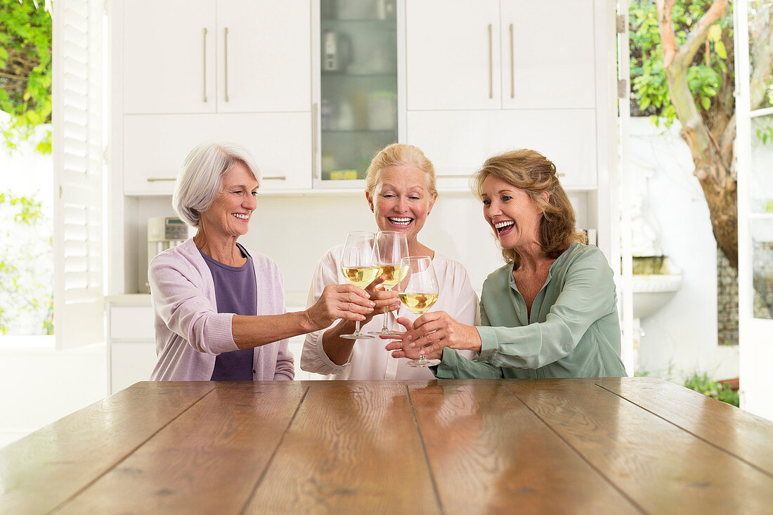 Senior women toasting wine glasses