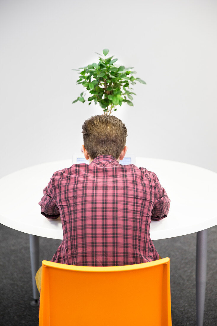 Businessman working at table with plant