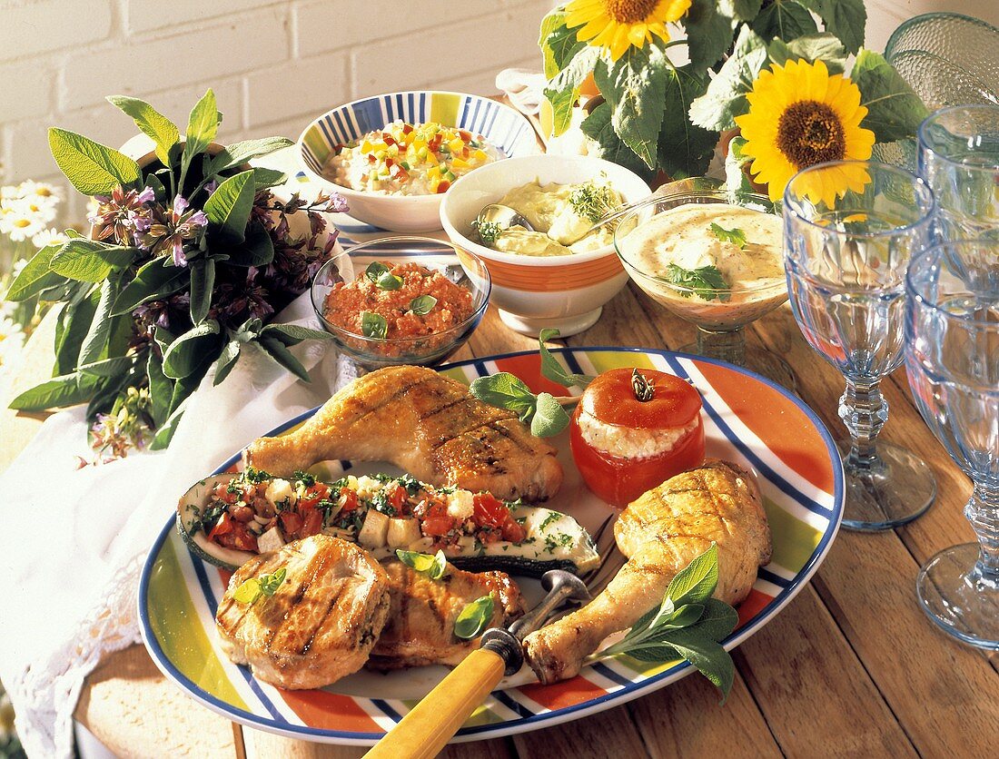 Summer Buffet; Grilled Chicken and Pork; Vegetables