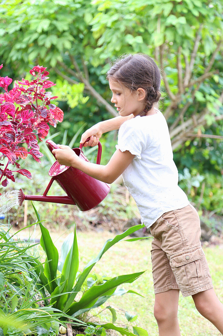Girl watering plants with watering can