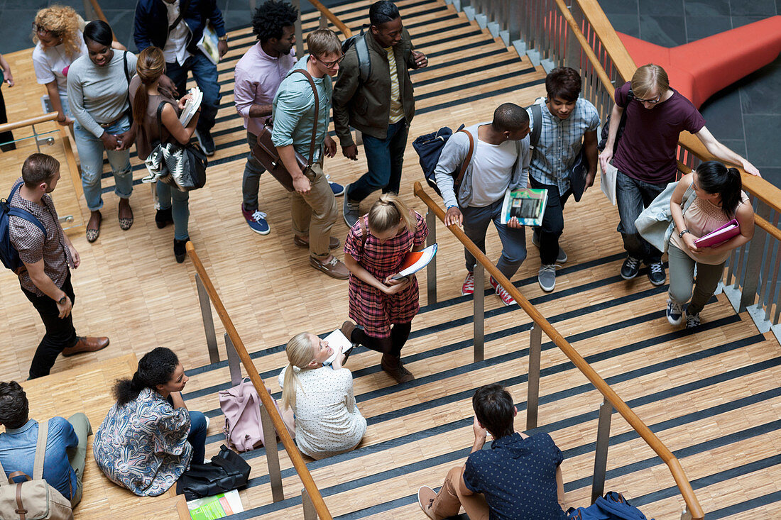 Elevated view of students walking