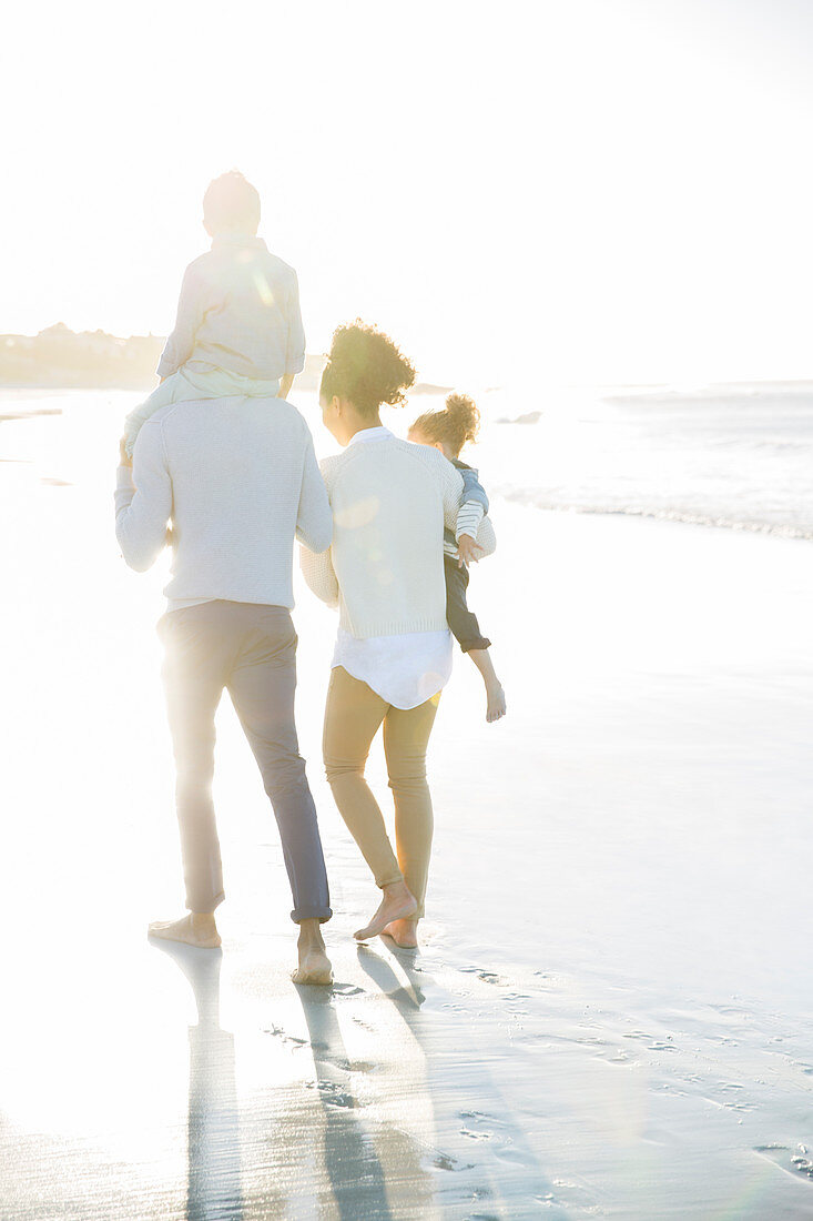 Family walking on beach in sunlight