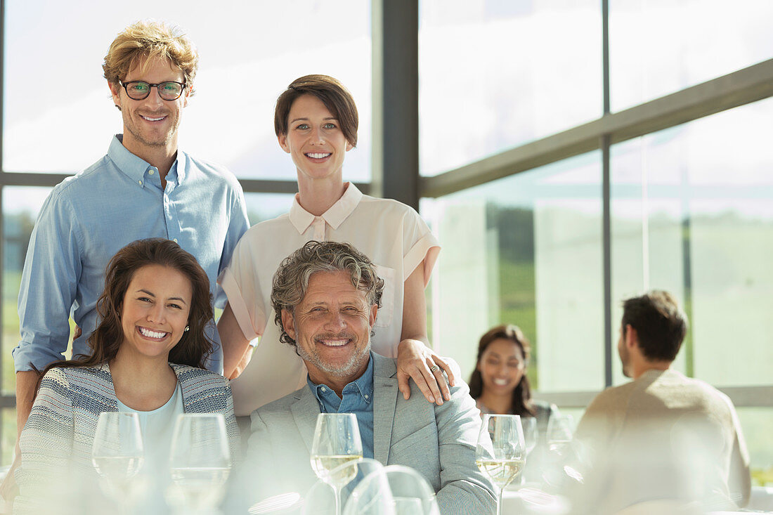 Friends in sunny restaurant