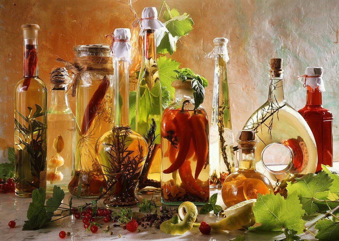 Many Assorted Homemade Vinegars and Herbs