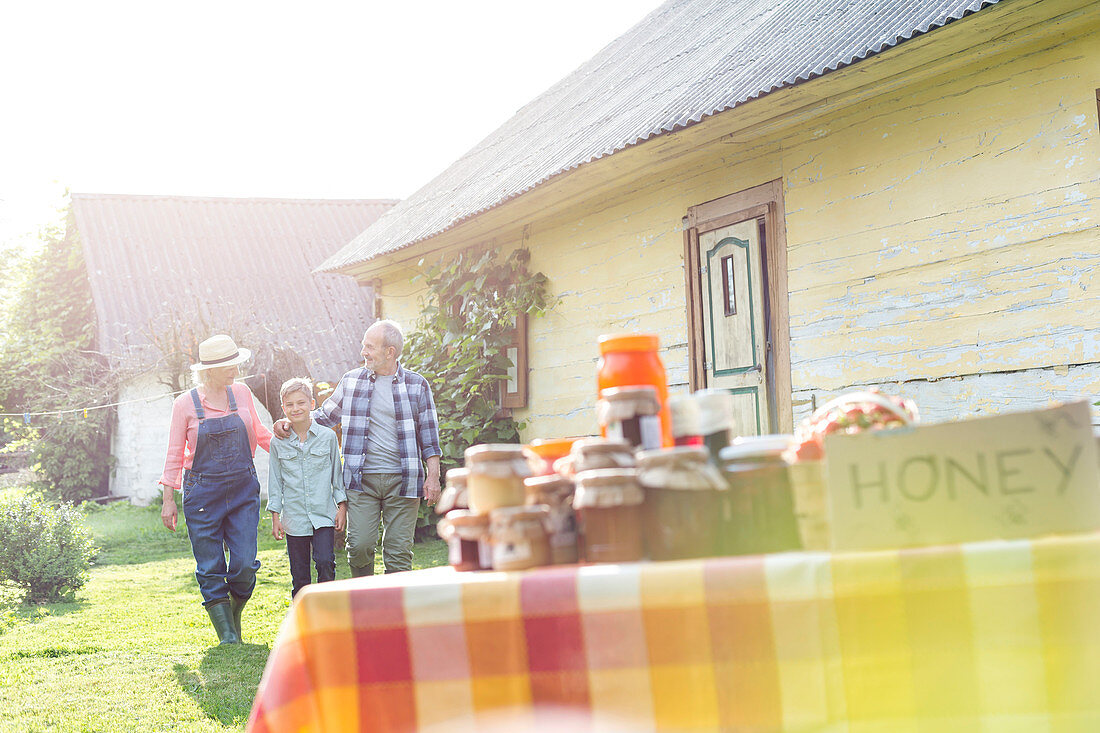 Grandparents and grandson walking