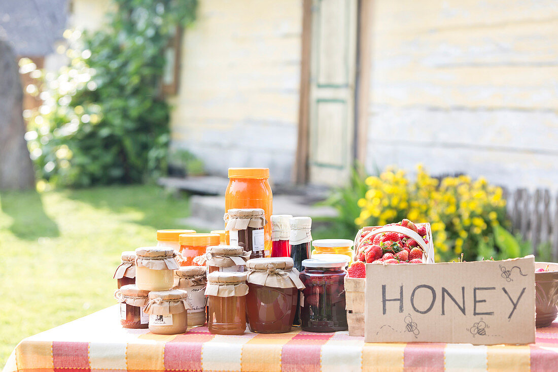 Fresh jars of honey stall