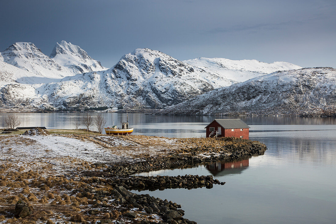 Fishing hut on cold bay, Norway