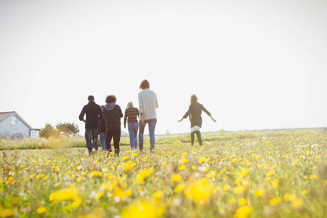 Family walking in meadow with wildflowers