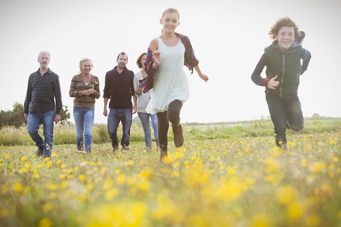 Brother and sister running in meadow