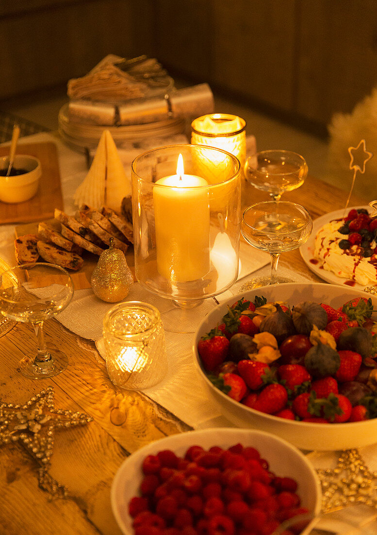 Food and decorations on Christmas table