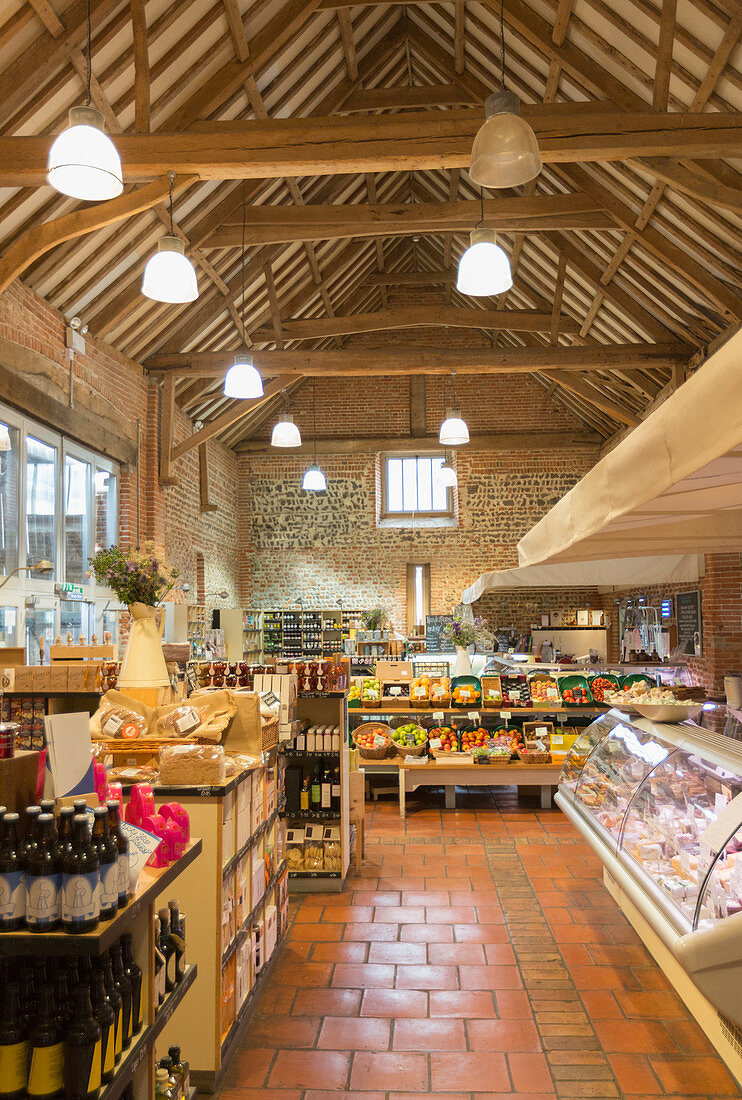 Market with vaulted wood beam ceiling