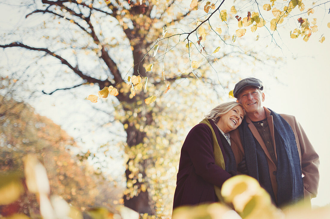 Affectionate senior couple hugging in autumn park